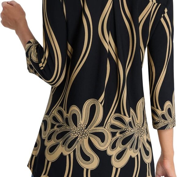 Womens 3/4 Sleeve Floral Printed Notch V Neck Blouses Tunics Tops - Picture 5 of 6